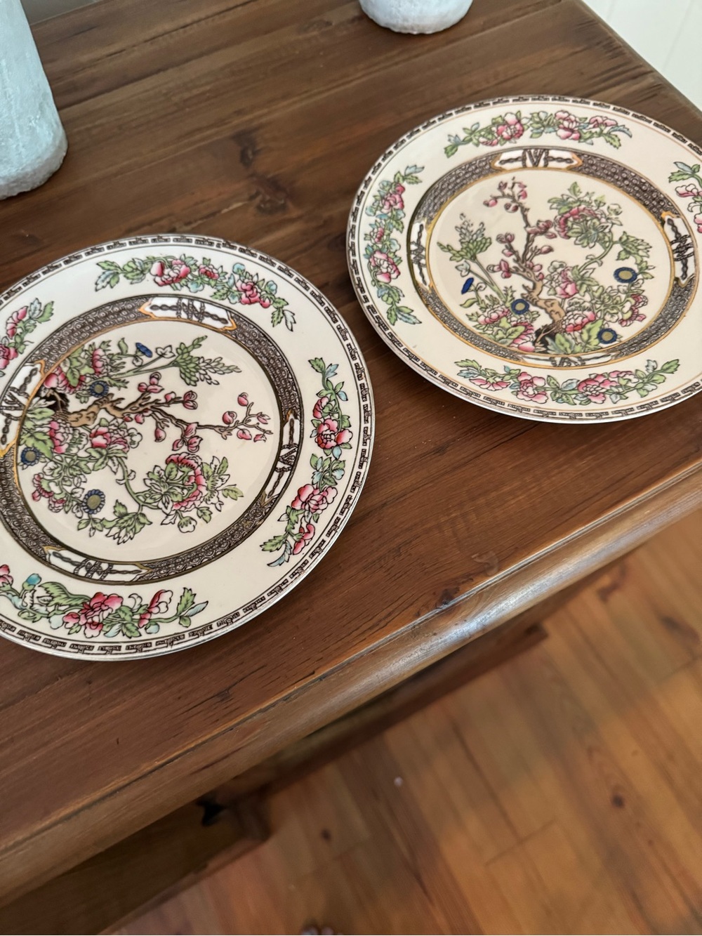 Decorative Floral Porcelain Salad Plates in Cream with Pink and Green Accents